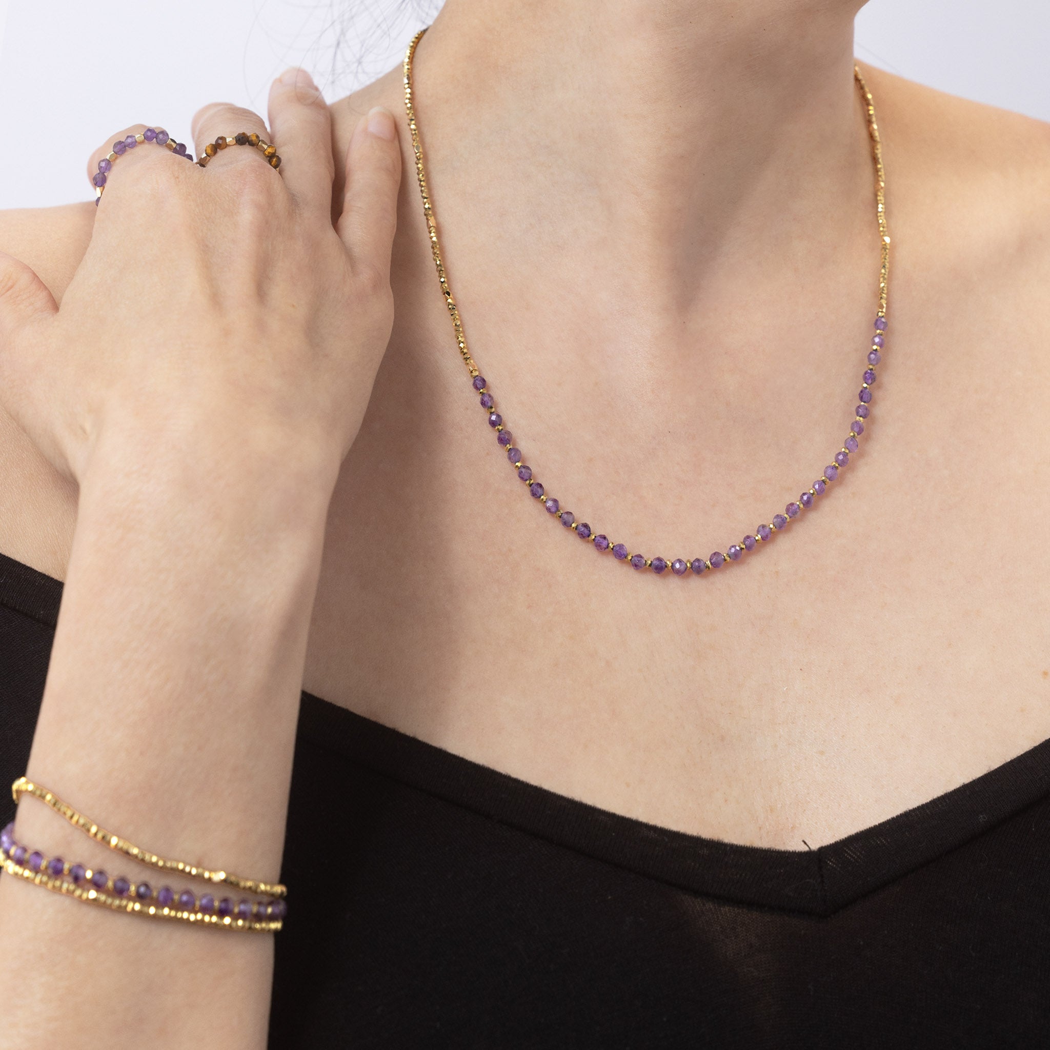 Amethyst Gemstone Necklace / Triple Wrap Bracelet