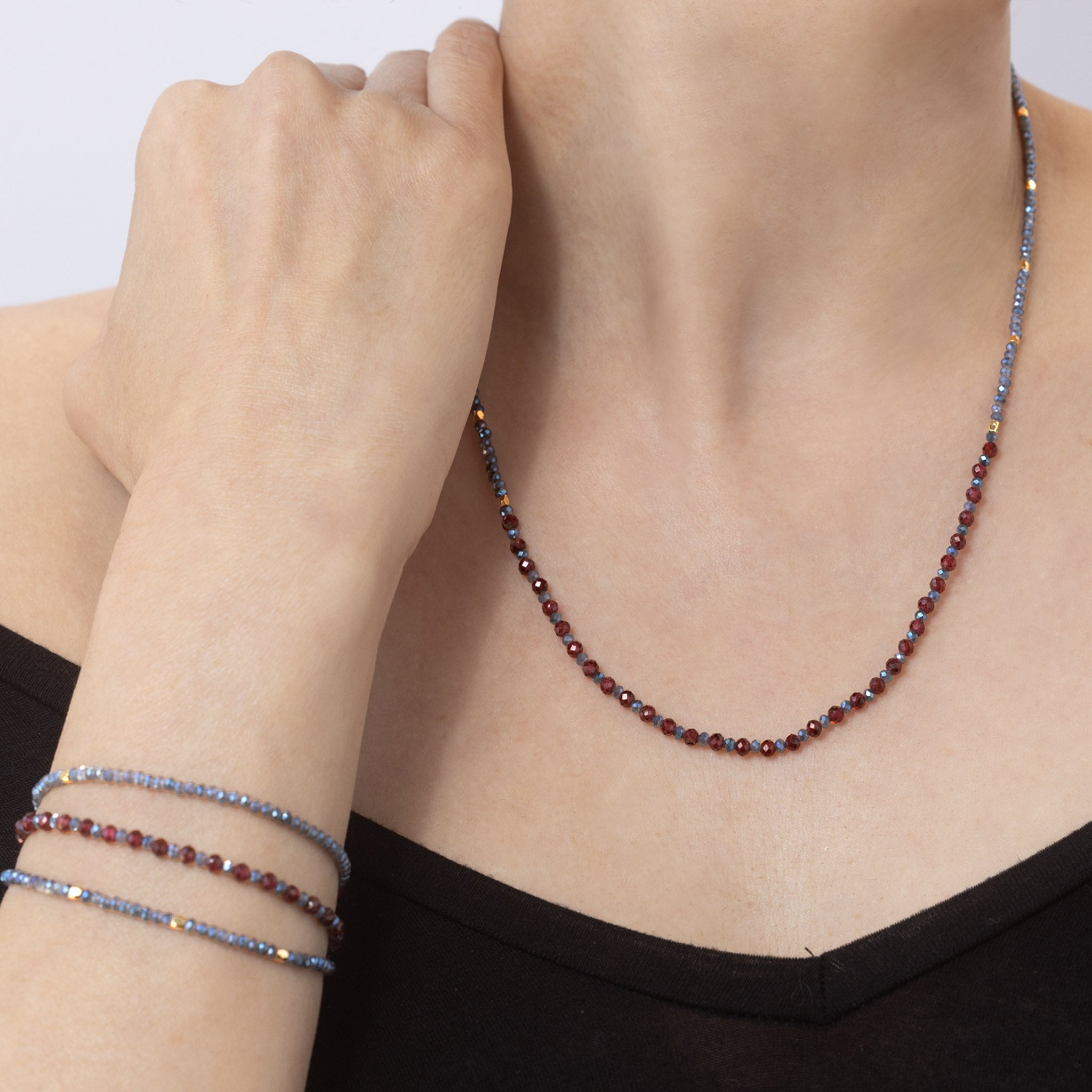 Garnet Gemstone Necklace / Triple Wrap Bracelet