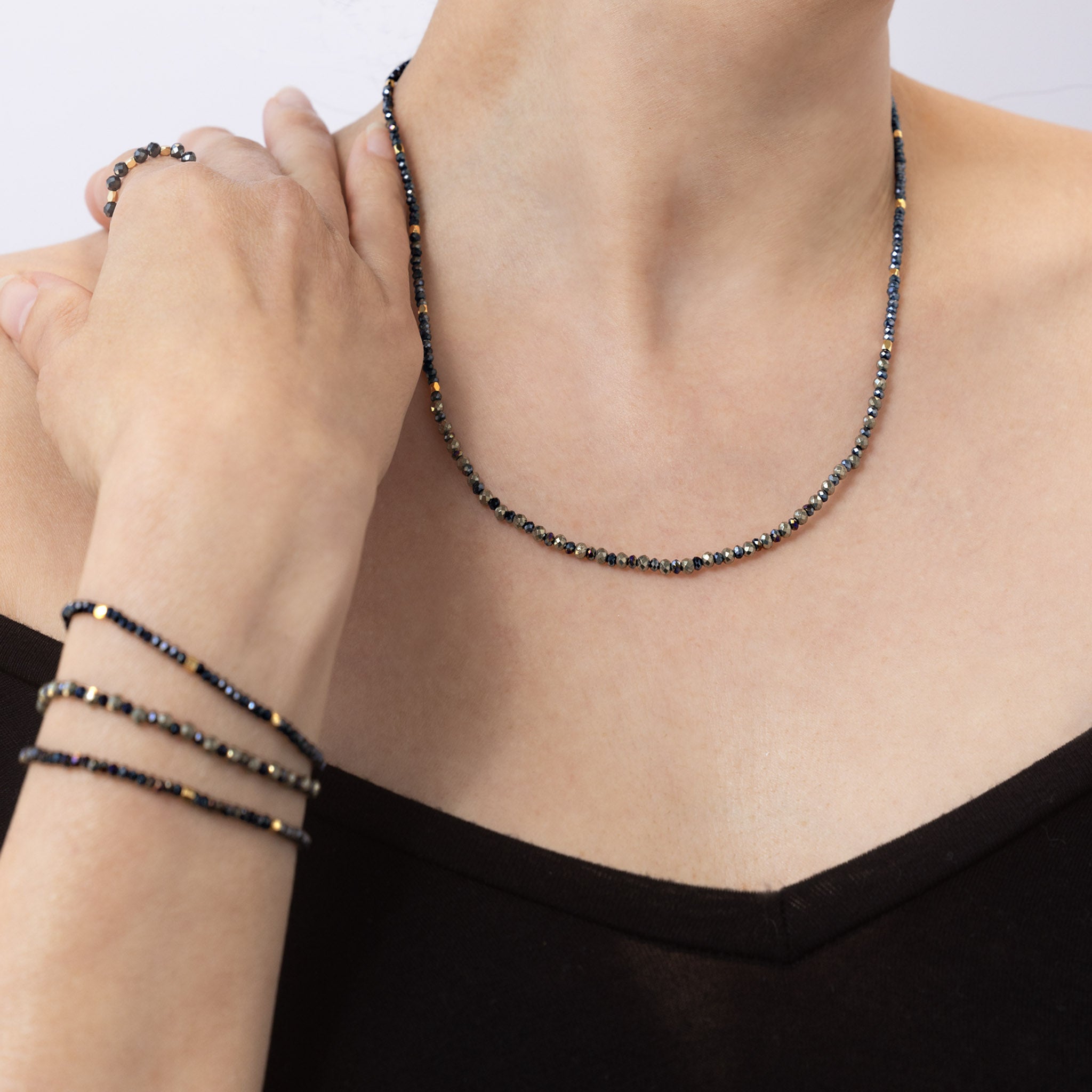 Pyrite Gemstone Necklace / Triple Wrap Bracelet