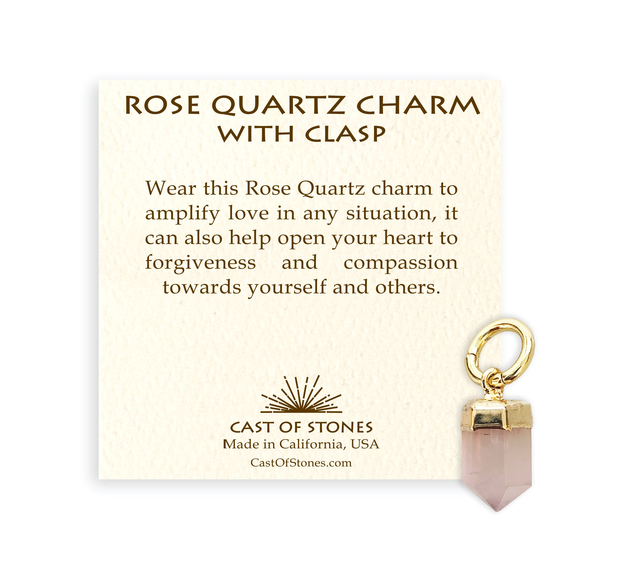 Cast-of-Stones-Rose-Quartz-Crystal-Charm-Clasp-with-Information-Card