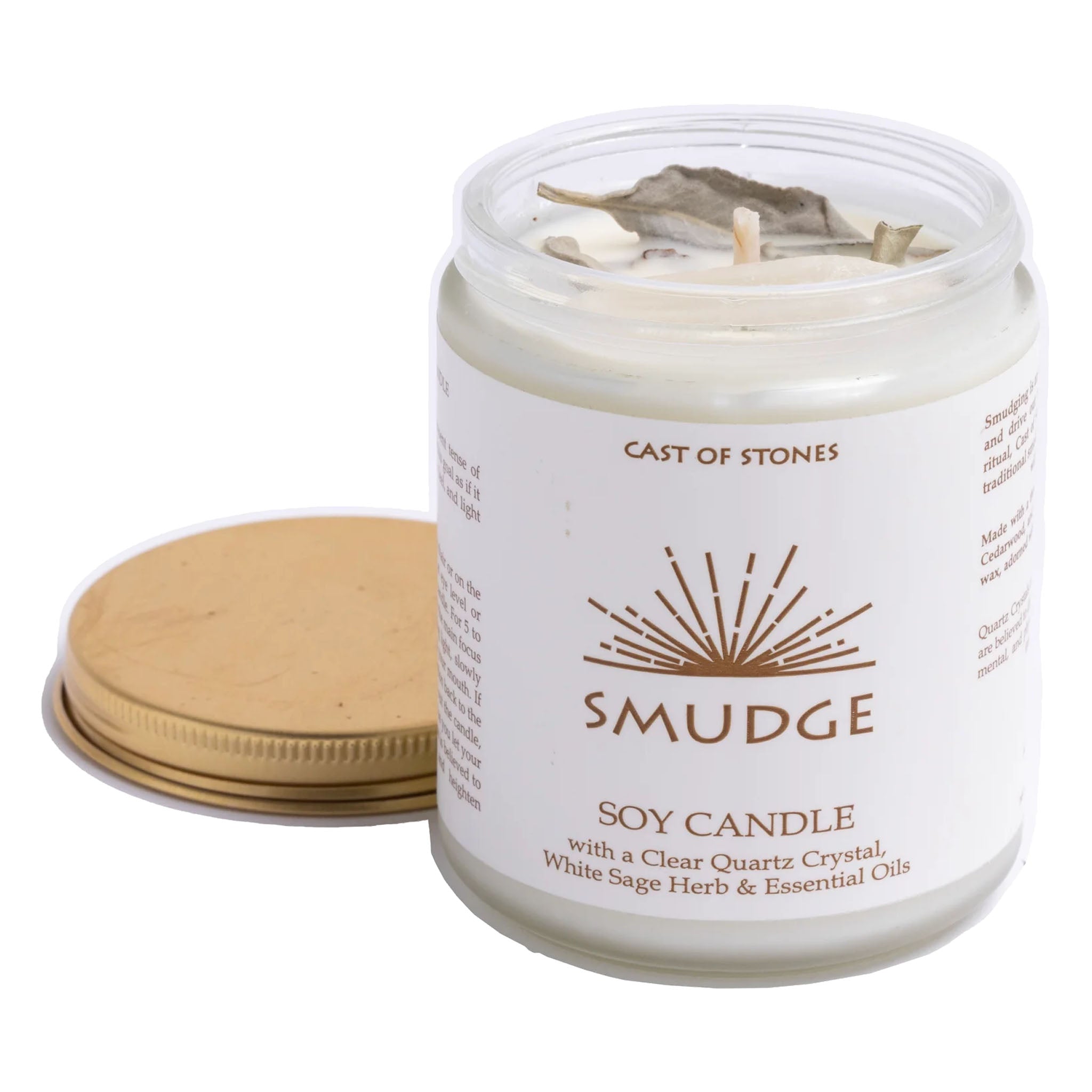 Smudge Candle with Clear Quartz Crystal, White Sage Herb, and Essential Oils