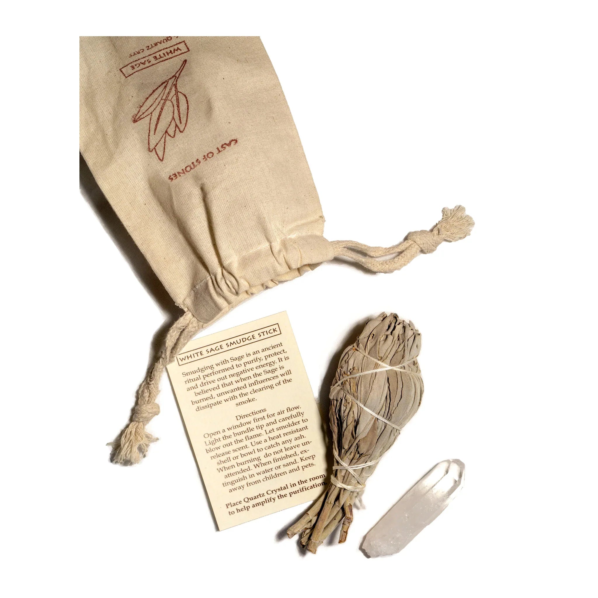 White Sage Smudge Stick and Quartz Crystal Pouch