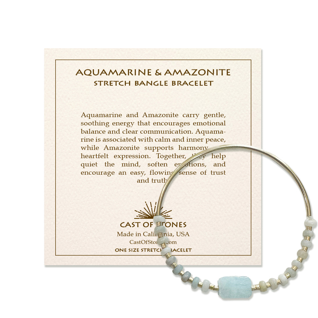 Aquamarine and Amazonite stretch bangle bracelet on a card with product details.