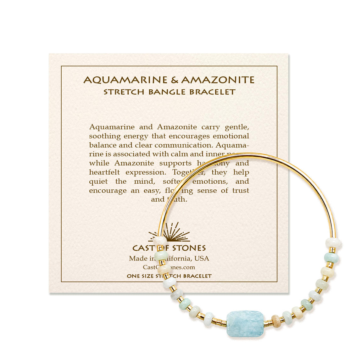 Aquamarine and Amazonite stretch bangle bracelet on a card with product details.