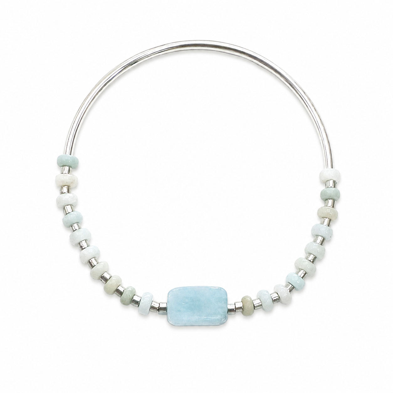 Aquamarine & Amazonite Stretch Bangle Bracelet - Silver
