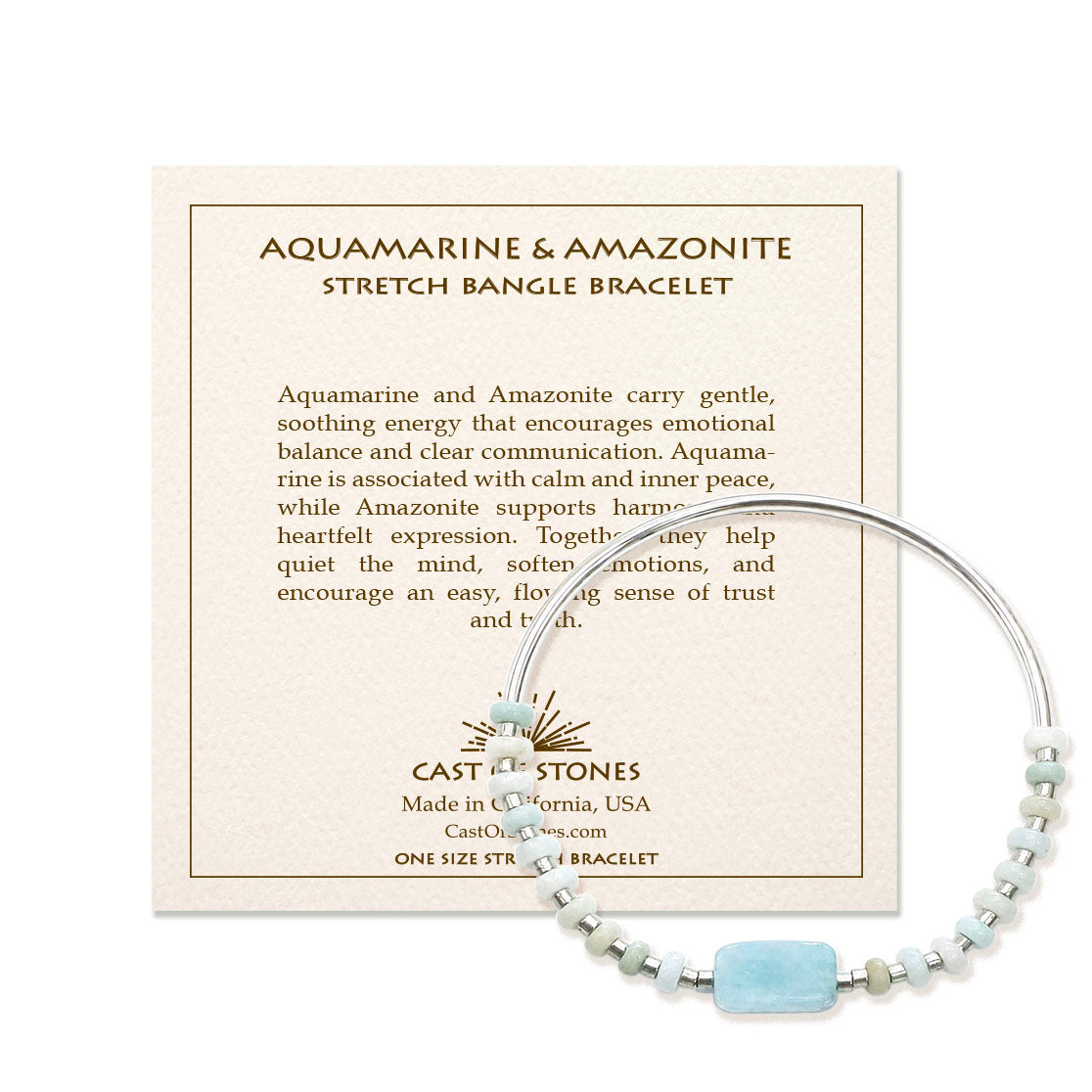 Aquamarine and Amazonite stretch bangle bracelet on a card with product details.