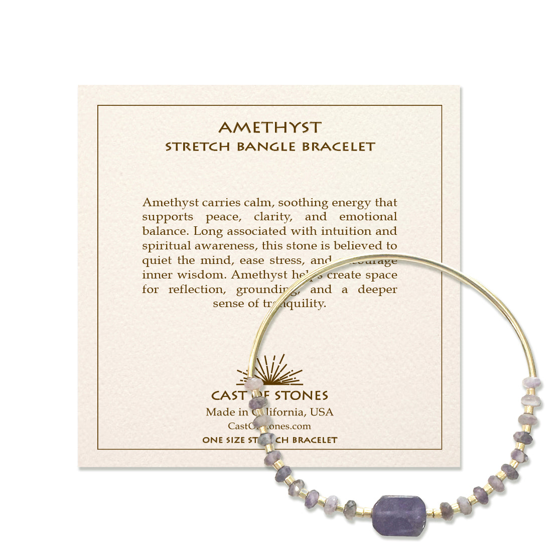 Amethyst stretch bangle bracelet on a branded card with product details.