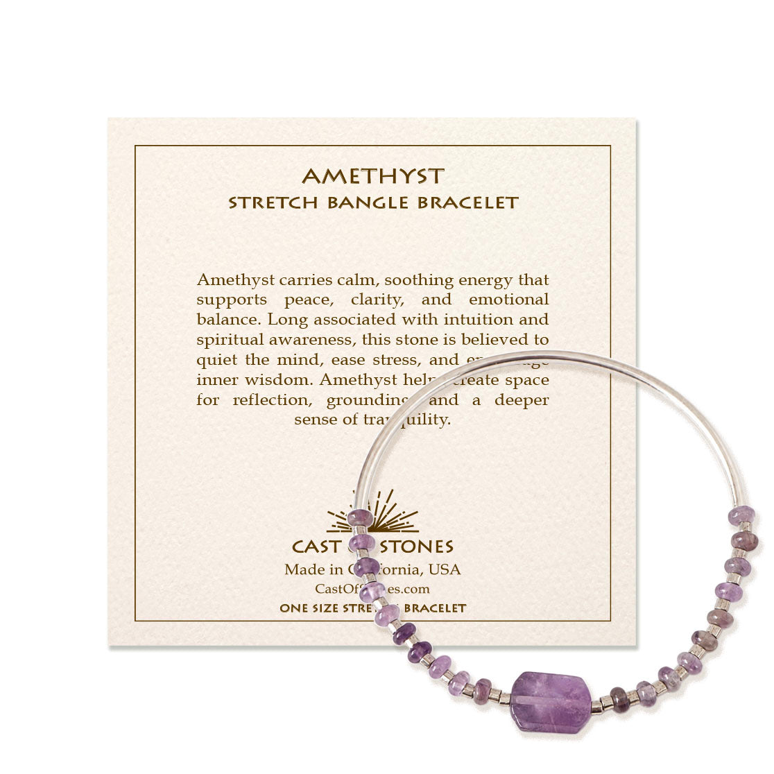 Amethyst stretch bangle bracelet on a branded card with product details.