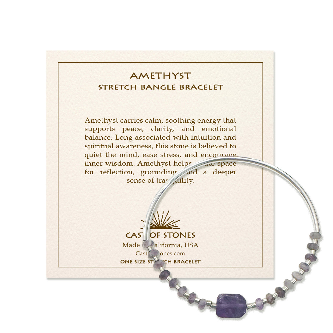 Amethyst stretch bangle bracelet on a Cast of Stones branded card with description.