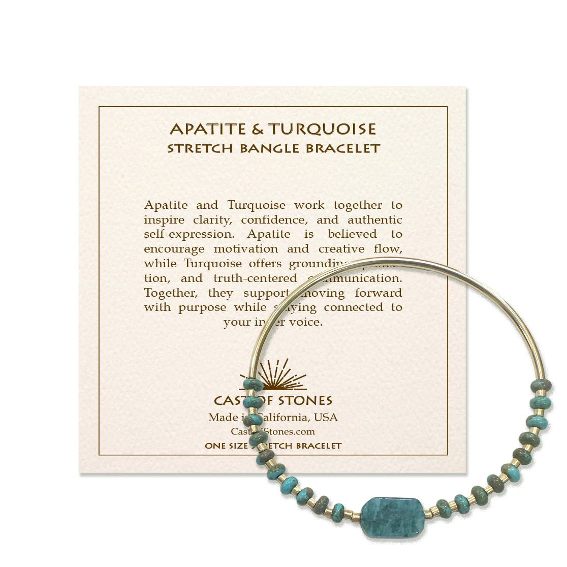 Apatite and turquoise stretch bangle bracelet on a card with brand information.