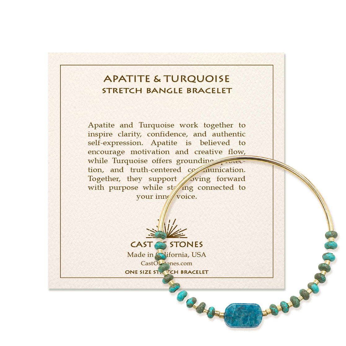 Apatite and turquoise stretch bangle bracelet on a card with brand information.