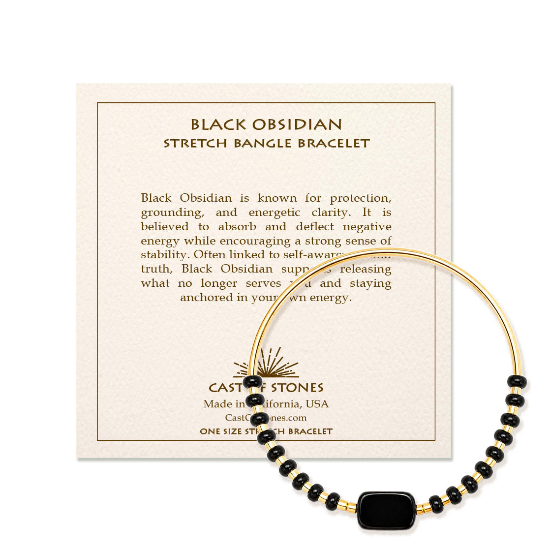 Black Obsidian Stretch Bangle Bracelet - Gold