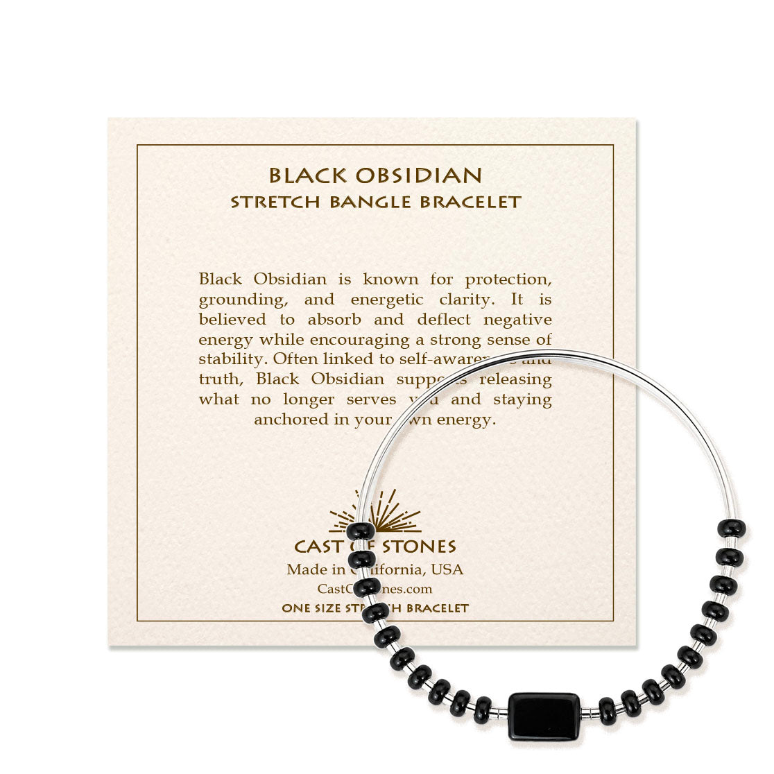 Black Obsidian Stretch Bangle Bracelet - Silver