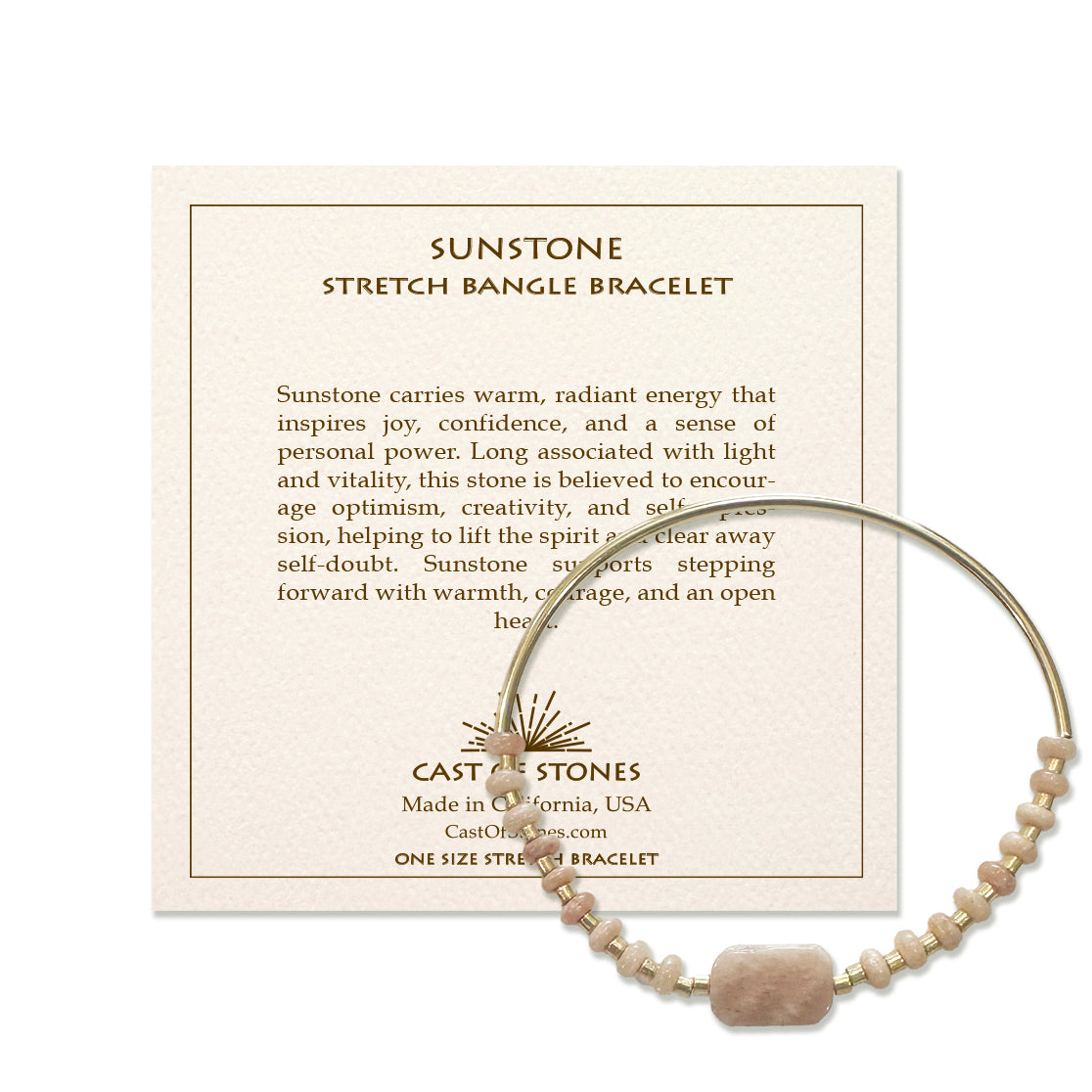 Sunstone stretch bangle bracelet on a branded card with product description.