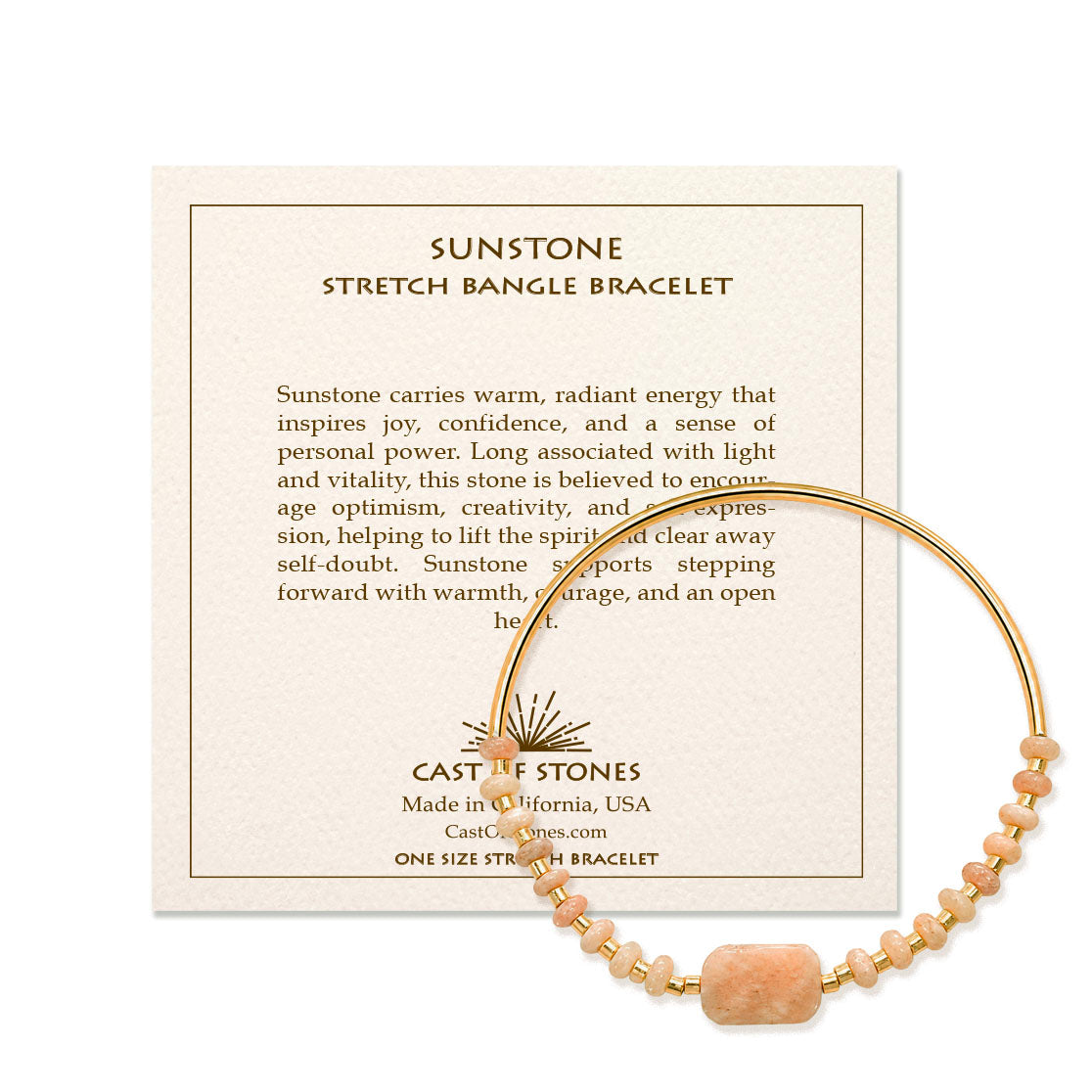 Sunstone stretch bangle bracelet on a branded card with product description.
