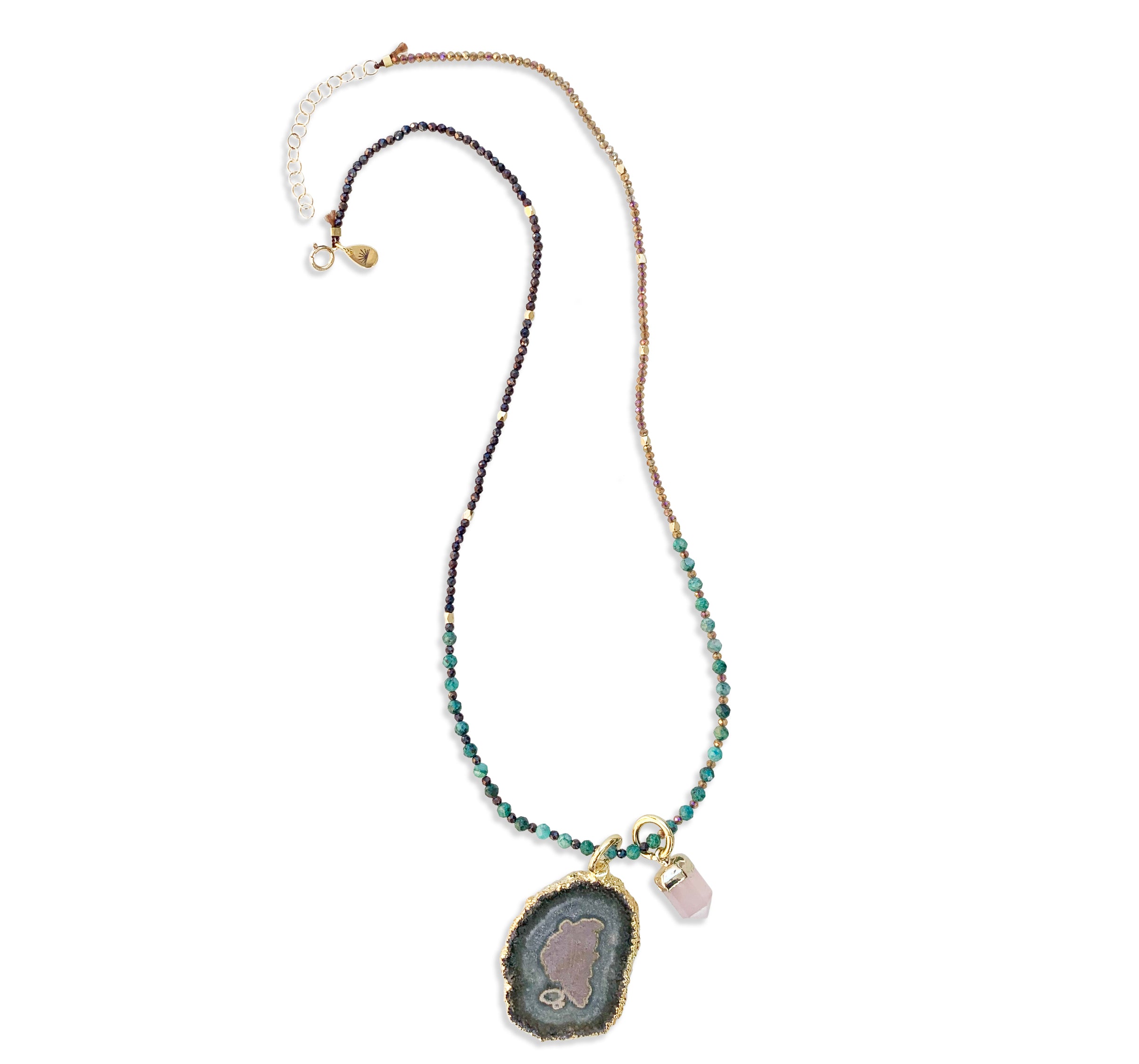 Cast-of-Stones-Chrysocolla-Gemstone-Necklace-with-Large-Stalactite-and-Rose-Quartz-Charms