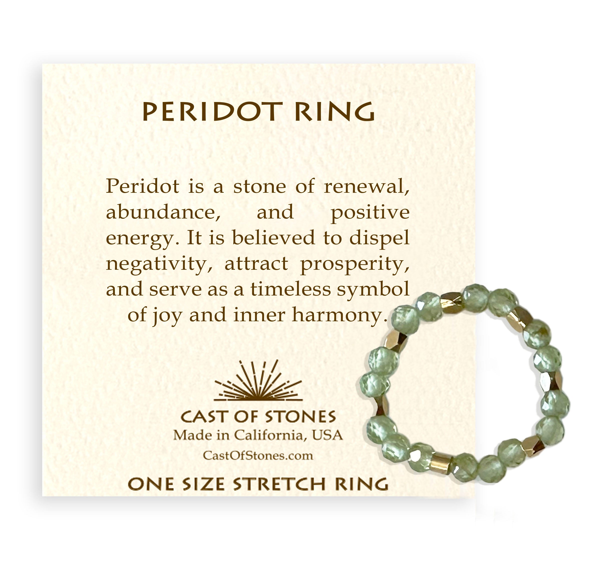 Peridot ring on a card with description and branding