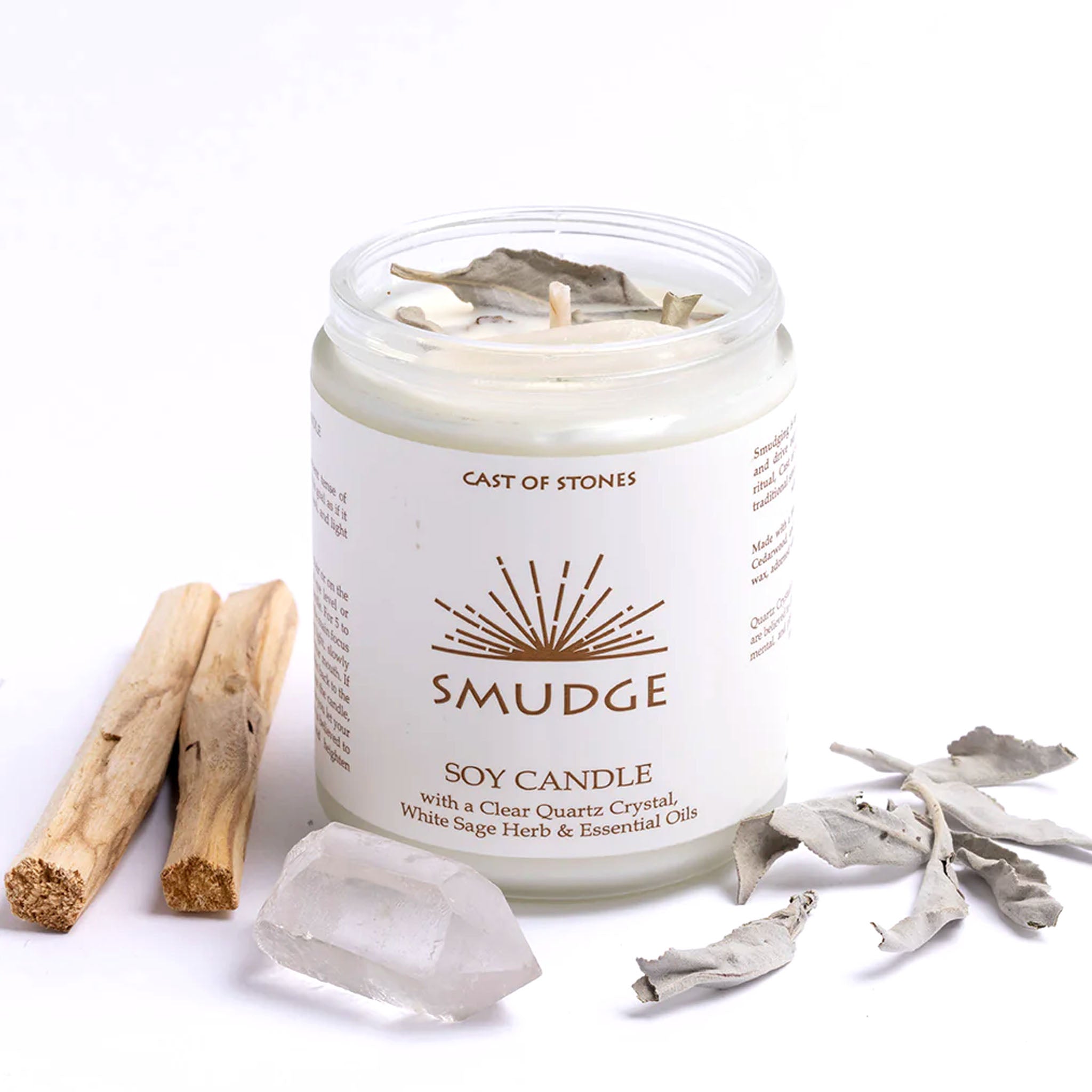 Smudge Candle with Clear Quartz Crystal, White Sage Herb, and Essential Oils