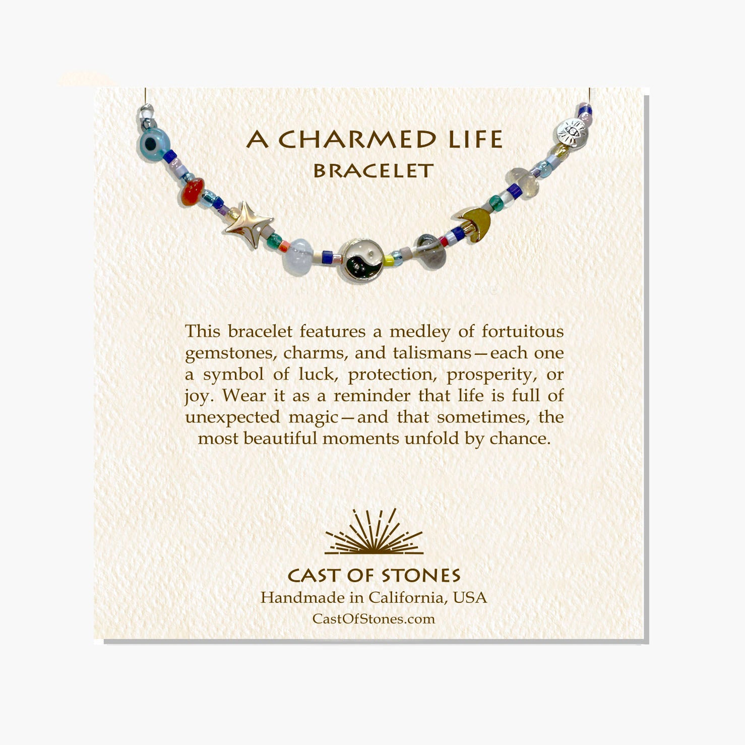 Adjustable lucky charm bracelet with natural gemstones. Made in California