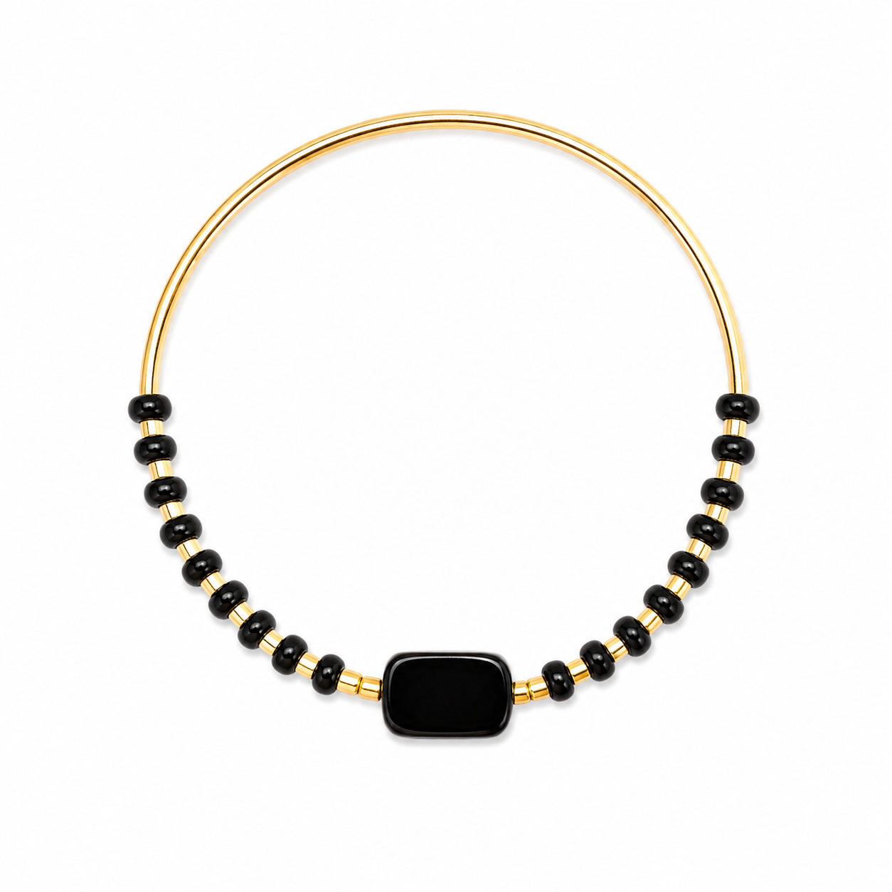 Black Obsidian Stretch Bangle Bracelet - Gold