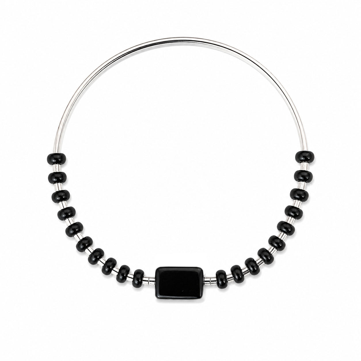 Black Obsidian Stretch Bangle Bracelet - Silver