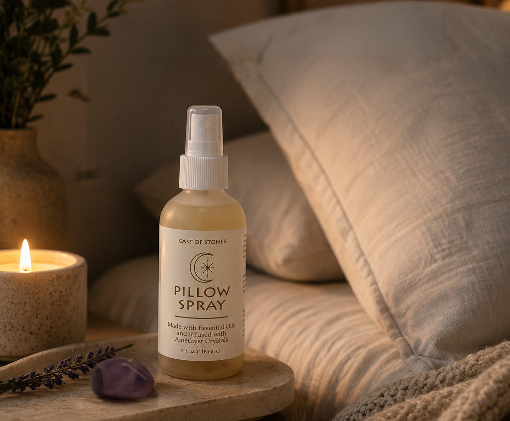 Cast of Stones pillow spray with amethyst crystals, a calming room spray designed for relaxing bedroom ambiance.