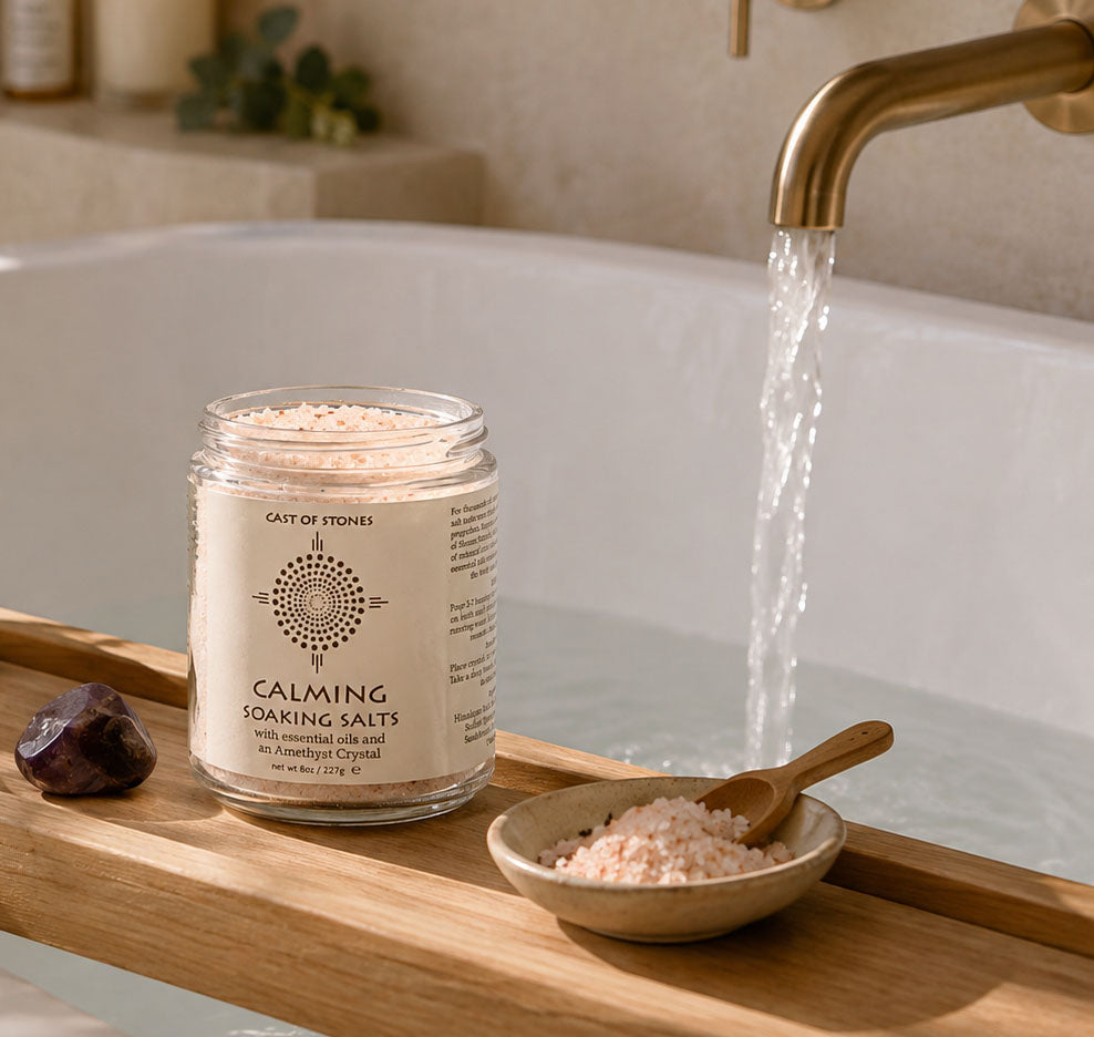 Bath salts with amethyst crystal from Cast of Stones, featuring calming soaking salts for relaxation and self-care.